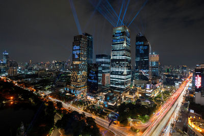 High angle view of illuminated city at night