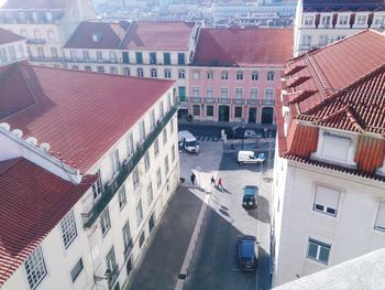 High angle view of residential buildings against sky