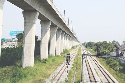 Railroad tracks against clear sky