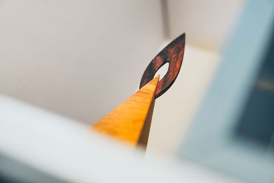 Close-up of leaf on metal against wall
