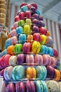 Close-up of colorful macaroons on cakestand