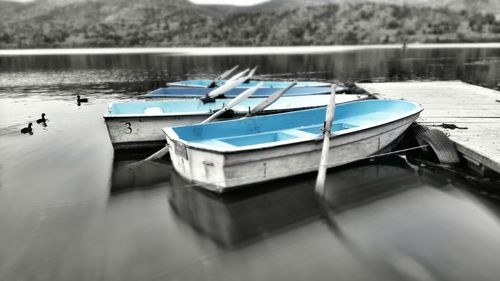 High angle view of boats moored in lake