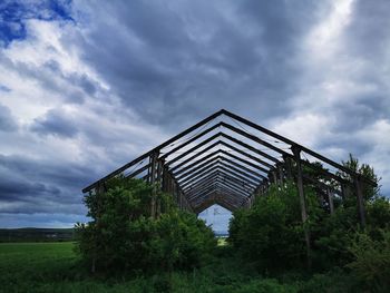 Low angle view of building on field against sky