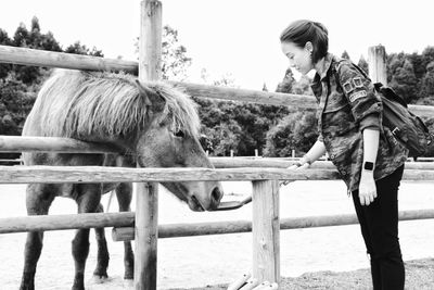 Woman feeding horse at ranch