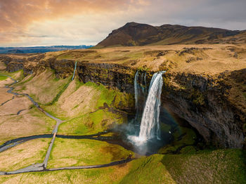 Aerial view of the seljalandsfoss - located in the south region in iceland