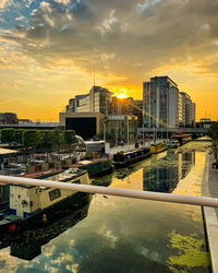 Buildings by river against sky during sunset