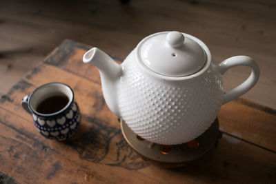 High angle view of tea cup on table