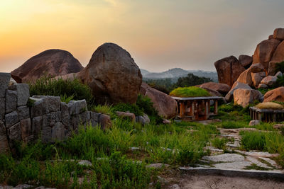 Ancient ruins of hampi on sunset. india