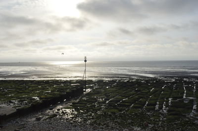 Scenic view of calm sea against cloudy sky