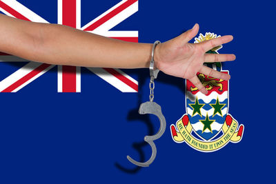 Cropped hand of person wearing handcuffs against flag