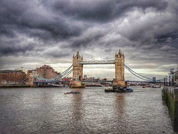 View of suspension bridge against cloudy sky