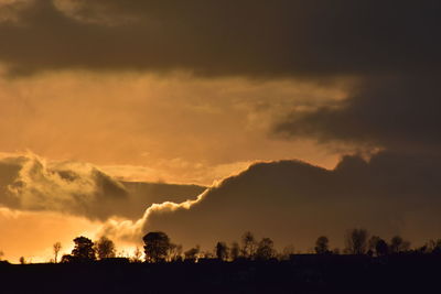 Silhouette trees against dramatic sky during sunset