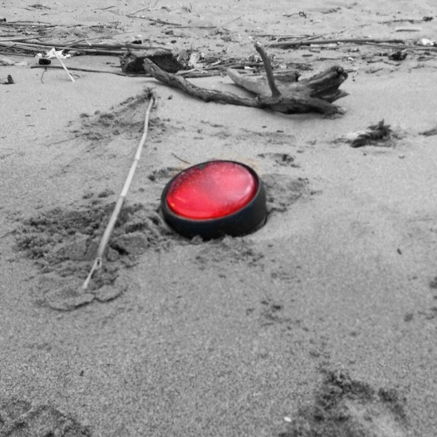 beach, sand, high angle view, red, transportation, shore, abandoned, water, day, boat, absence, moored, nautical vessel, outdoors, no people, sunlight, tranquility, mode of transport, field, nature