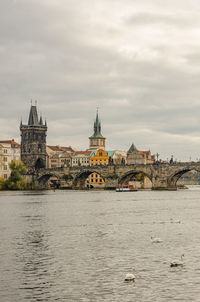 Bridge over river with buildings in background