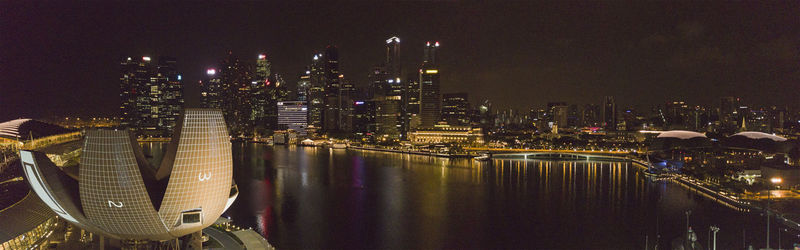 Panoramic view of illuminated city buildings at night