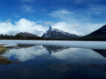 Scenic view of lake by snowcapped mountains against sky