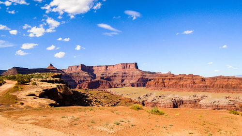 Scenic view of rock formations against blue sky