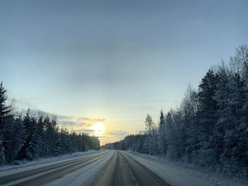 Road amidst trees against sky during winter