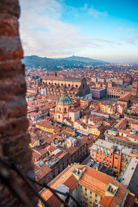 High angle view of townscape against cloudy sky