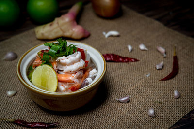 Close-up of salad served on table