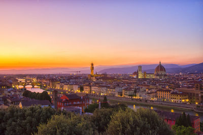 High angle view of illuminated buildings against sky during sunset