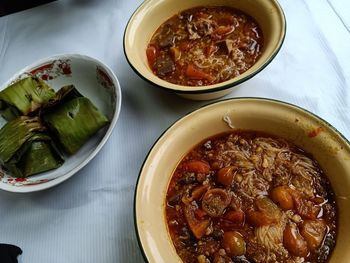 High angle view of food in bowl on table