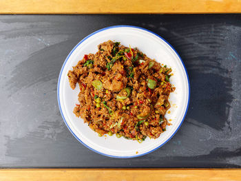 High angle view of meal served on table