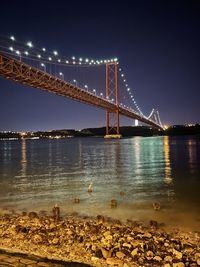 Illuminated bridge over river at night