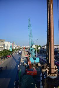 Panoramic view of harbor against clear blue sky