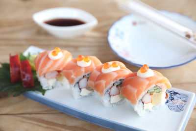 Close-up of sushi served on table