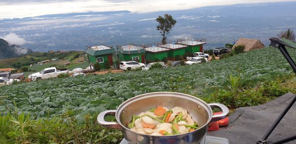 High angle view of food by building