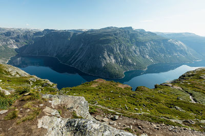 Scenic view of lake and mountains against sky