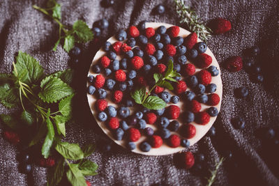 High angle view of strawberries on table