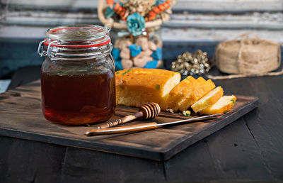 Close-up of drink in jar on table