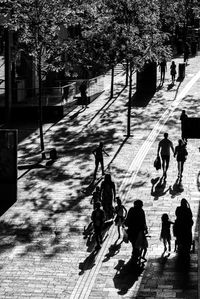 High angle view of people walking on road