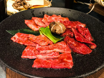 High angle view of meat on plate