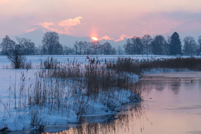 Scenic view of lake against sky during winter