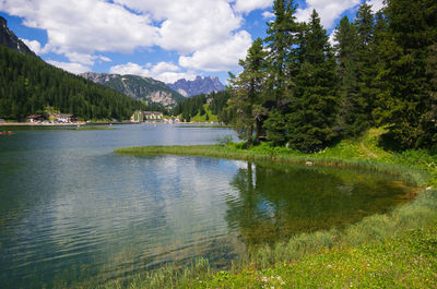 Scenic view of lake by trees against sky