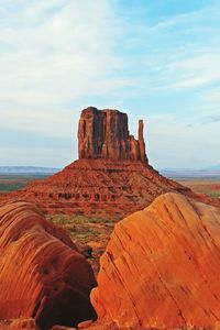 Scenic view of rocky formation at monument valley against sky