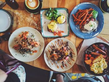 High angle view of meal served on table