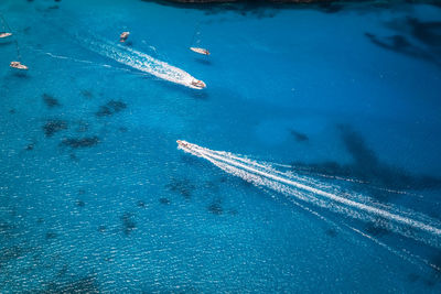 High angle view of boats in sea