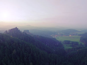 High angle view of landscape against sky during sunset