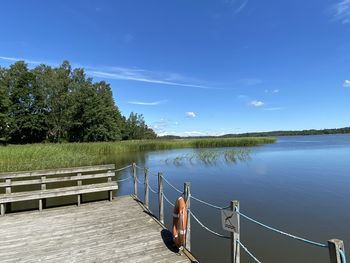 Scenic view of lake against blue sky