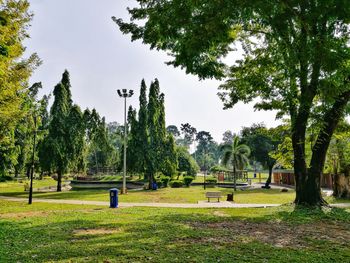 View of golf course against trees in park