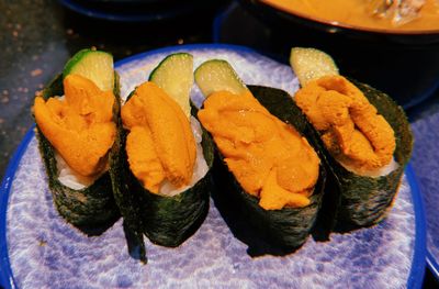 High angle view of sushi in plate on table