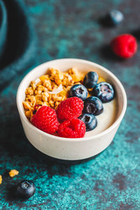 High angle view of food in bowl on table