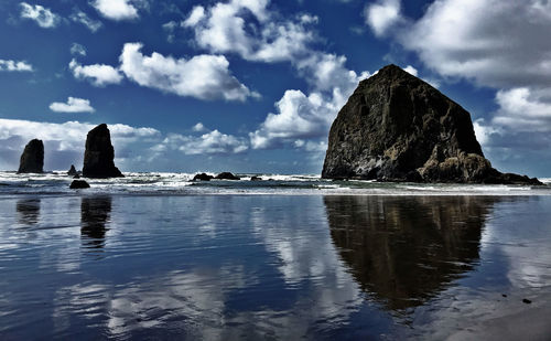 Scenic view of rocks in sea against sky