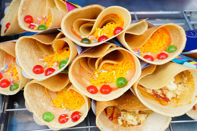 High angle view of various food on table