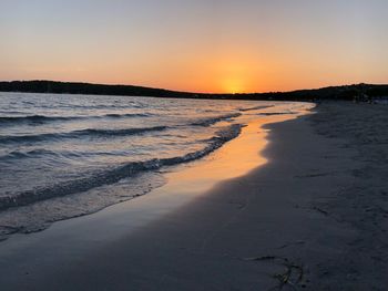 Scenic view of beach against sky during sunset