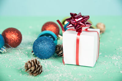 Close-up of christmas decorations on table